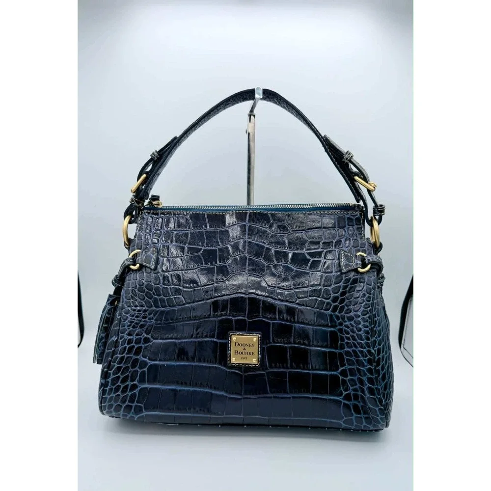 Dooney & Bourke Navy Blue Croco Fino Leather Medium Zip Hobo Bag - Picture 1 of 9